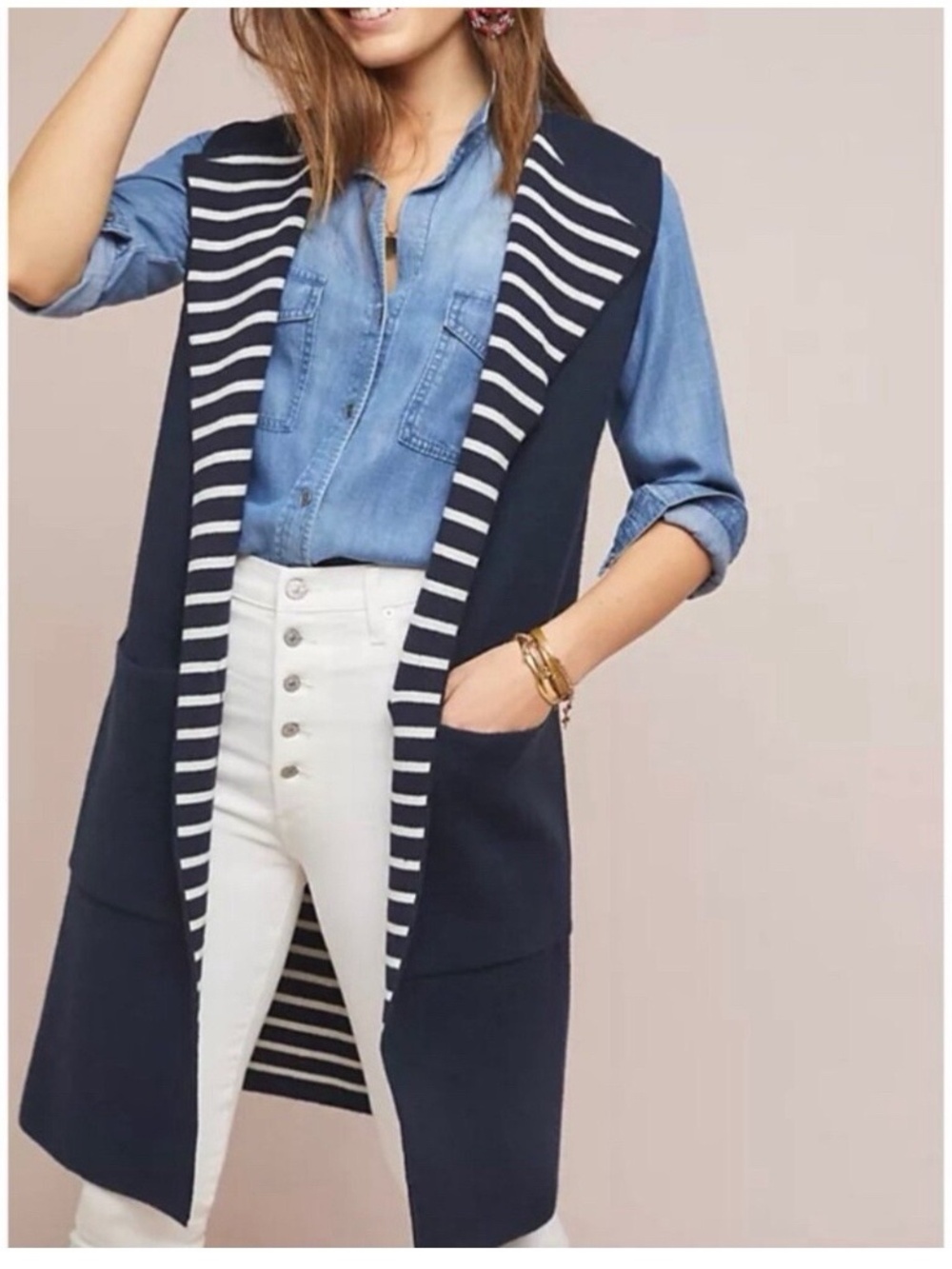 Anthropologie Moth Navy Blue Stripe Open Front Sweater Knit Duster Vest Size OS